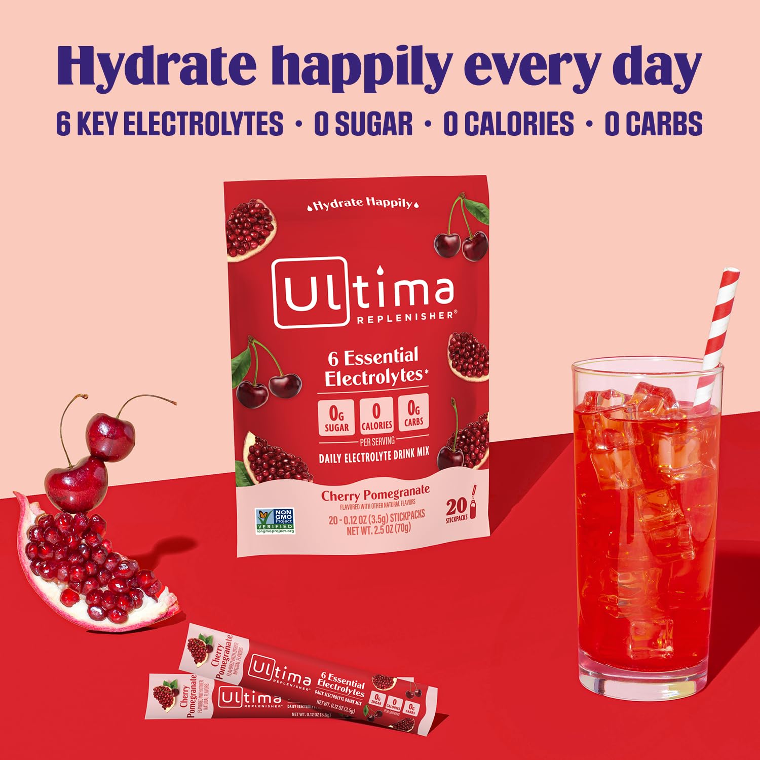 Ultima Replenisher Cherry Pomegranate Electrolyte Powder Drink Mix - 20 Stickpacks for Hydration - 6 Electrolytes, Keto, Vegan, Non-GMO, Sugar-Free