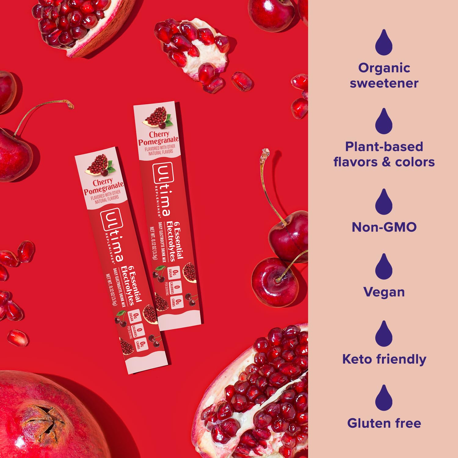 Ultima Replenisher Cherry Pomegranate Electrolyte Powder Drink Mix - 20 Stickpacks for Hydration - 6 Electrolytes, Keto, Vegan, Non-GMO, Sugar-Free