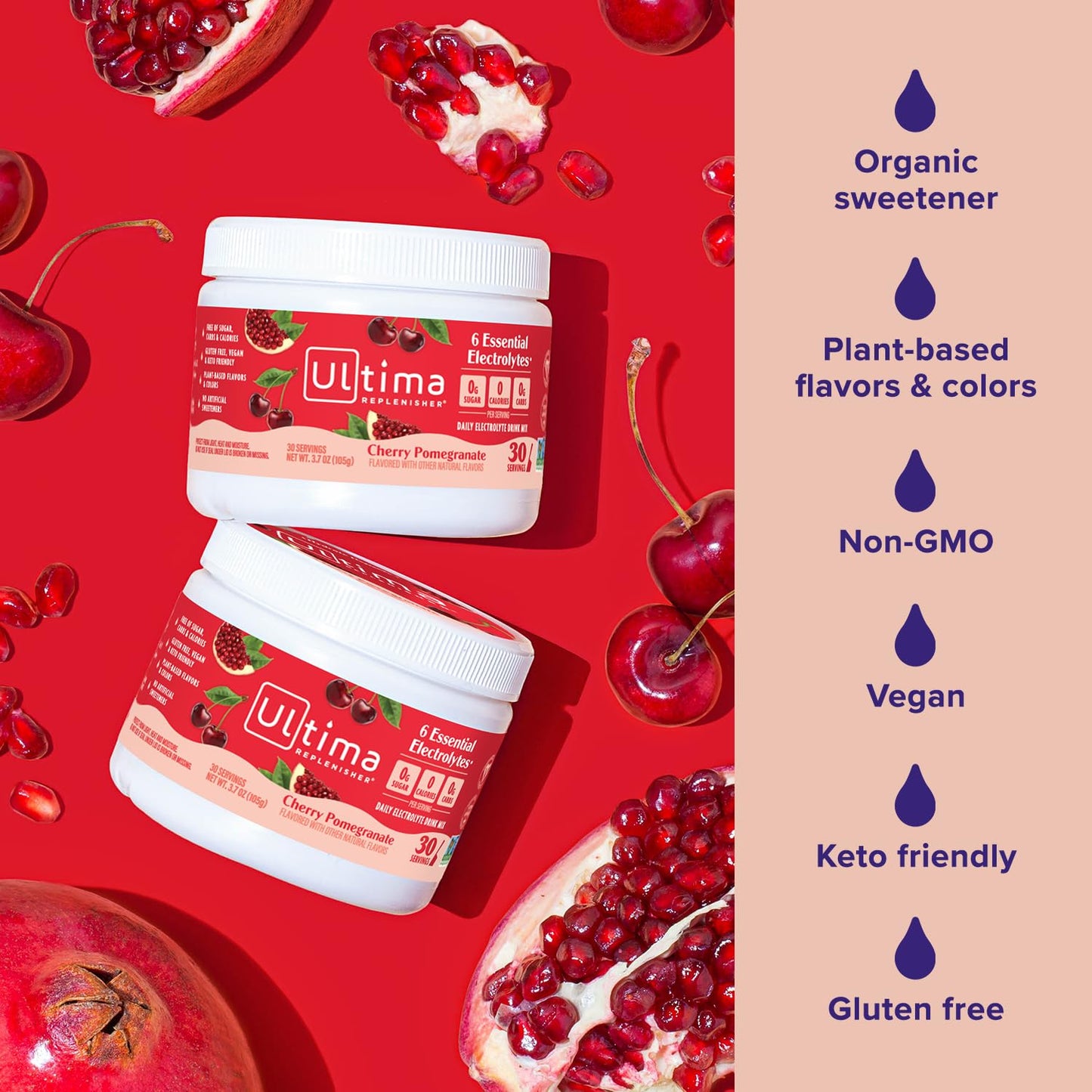 Ultima Replenisher Cherry Pomegranate Electrolyte Powder Drink Mix - 30 Servings - Hydration Powder with 6 Electrolytes and Trace Minerals - Keto Friendly, Vegan, Non-GMO, Sugar-Free