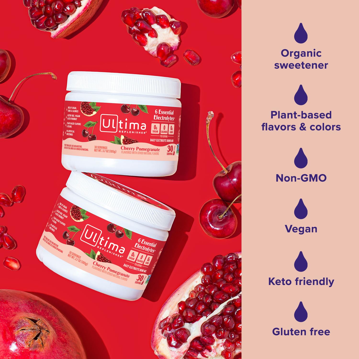 Ultima Replenisher Cherry Pomegranate Electrolyte Powder Drink Mix - 30 Servings - Hydration Powder with 6 Electrolytes and Trace Minerals - Keto Friendly, Vegan, Non-GMO, Sugar-Free