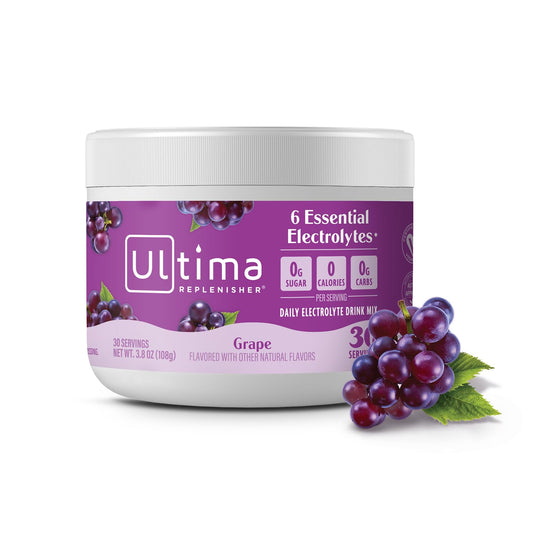 Ultima Replenisher Electrolyte Powder Drink Mix - Grape Flavor, 30 Servings - Hydration Powder with 6 Electrolytes & Trace Minerals - Keto Vegan Non-GMO Sugar-Free