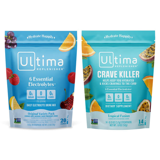 Ultima Replenisher Electrolyte Powder Drink Mix Bundle - Variety Pack with Crave-Killing Benefits - 20 and 14 Stickpacks - 6 Essential Electrolytes and Minerals - Keto, Vegan, Non-GMO, Sugar-Free