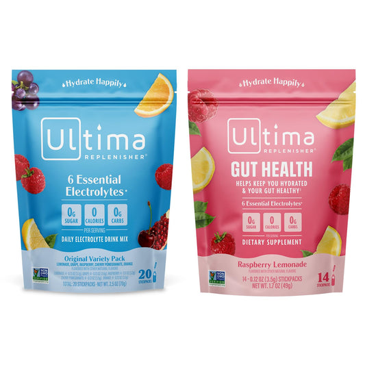 Ultima Replenisher Electrolyte Powder Drink Mix Bundle - Variety Pack for Gut Health - 20 Stickpacks and 14 Stickpacks with 6 Electrolytes and Minerals - Keto Friendly, Vegan, Non-GMO, Sugar-Free