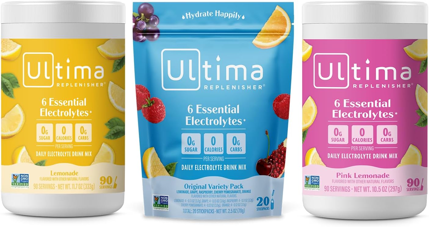 Ultima Replenisher Electrolyte Powder Drink Mix Bundle - Lemonade, Pink Lemonade, Variety Pack - 90 Servings, 20 Stickpacks - 6 Electrolytes & Minerals - Keto, Vegan, Non-GMO, Sugar-Free
