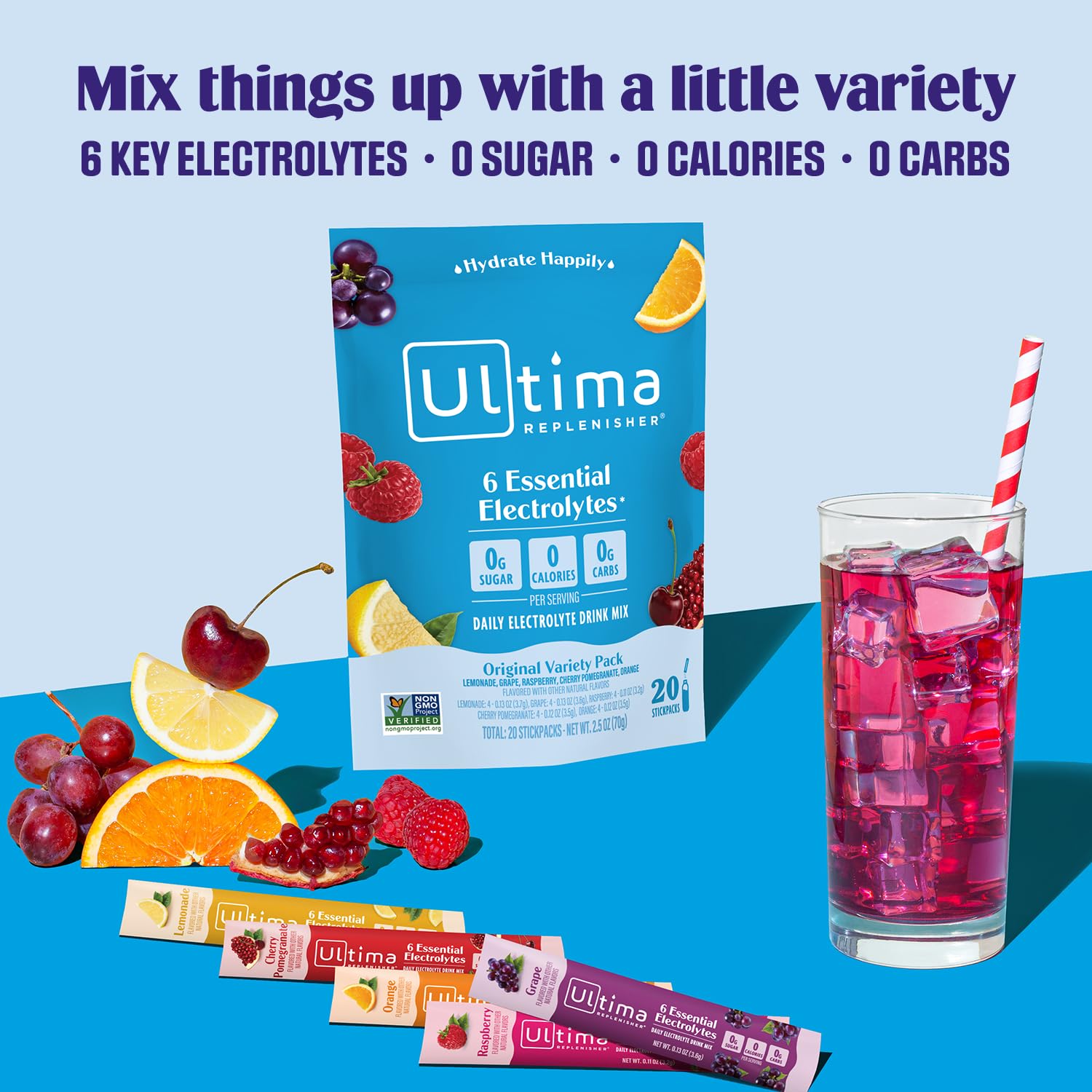 Ultima Replenisher Electrolyte Powder Drink Mix Bundle - Variety Pack for Gut Health - 20 Stickpacks and 14 Stickpacks with 6 Electrolytes and Minerals - Keto Friendly, Vegan, Non-GMO, Sugar-Free