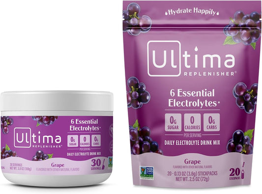 Ultima Replenisher Grape Electrolyte Powder Bundle - 30 Serving Canister + 20 Stickpacks - 6 Electrolytes, Keto, Vegan, Non-GMO, Sugar-Free