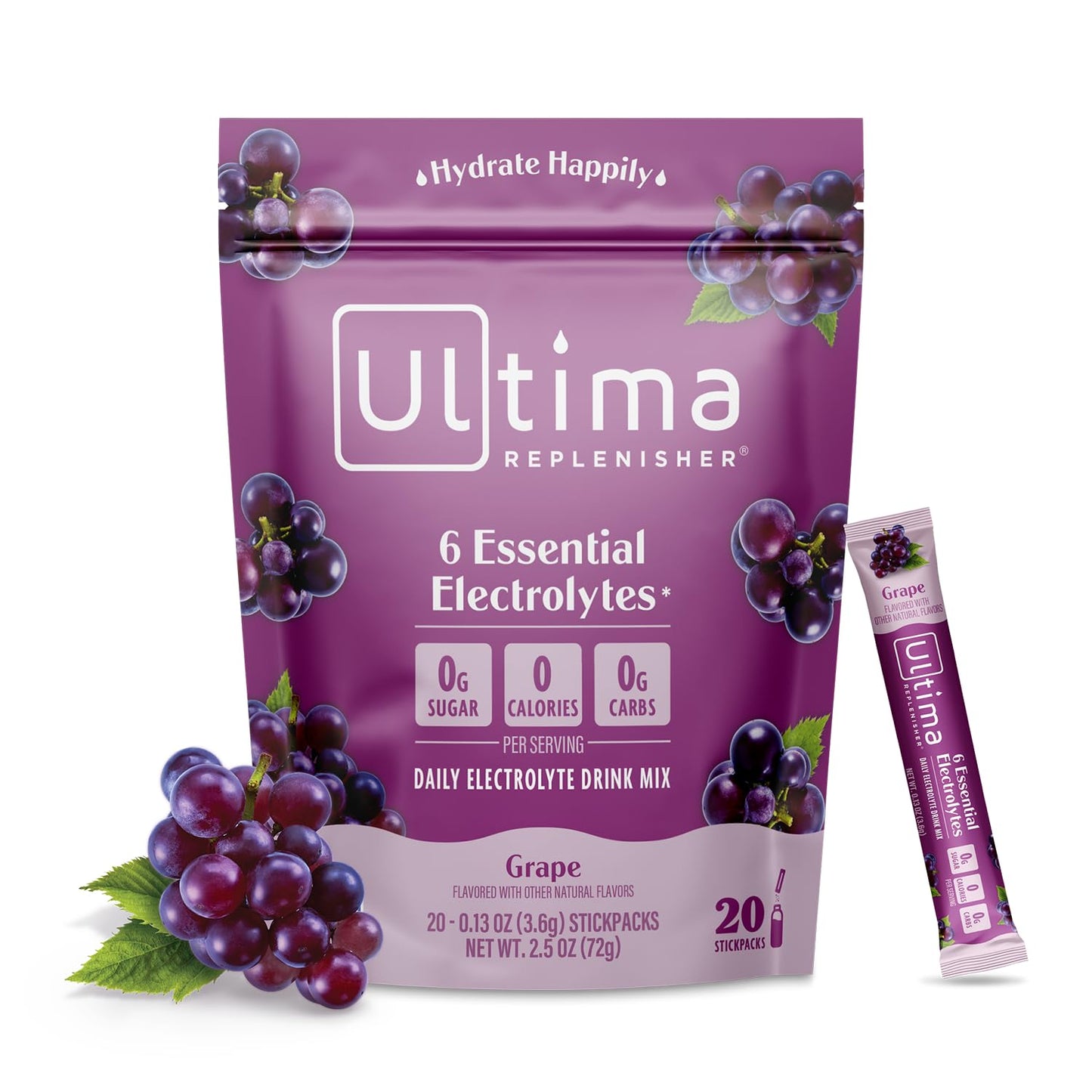 Ultima Replenisher Grape Electrolyte Powder Drink Mix - 20 Stickpacks - Hydration with 6 Electrolytes and Trace Minerals - Keto, Vegan, Non-GMO, Sugar-Free
