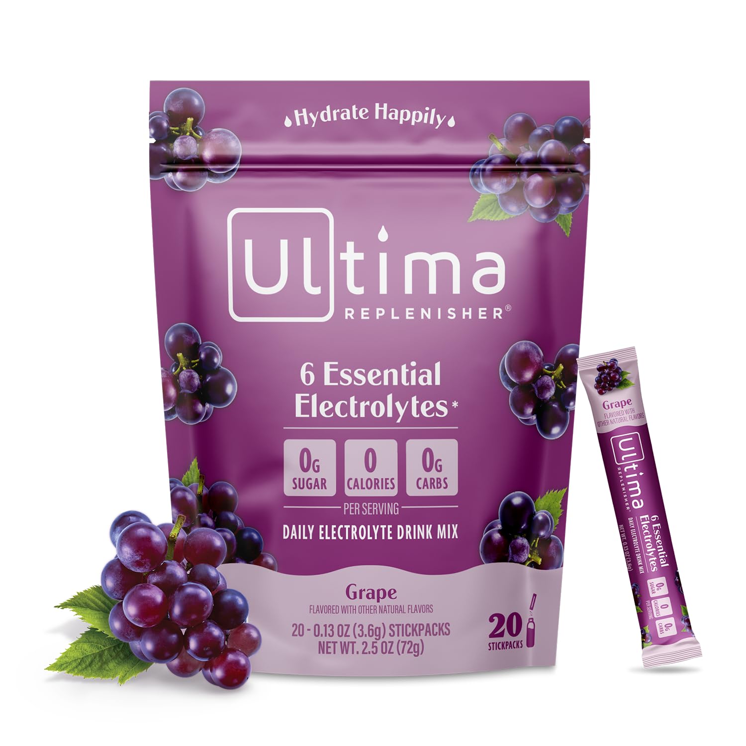 Ultima Replenisher Grape Electrolyte Powder Drink Mix - 20 Stickpacks - Hydration with 6 Electrolytes and Trace Minerals - Keto, Vegan, Non-GMO, Sugar-Free