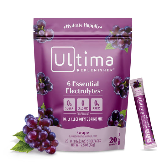 Ultima Replenisher Grape Electrolyte Powder Drink Mix - 20 Stickpacks - Hydration with 6 Electrolytes and Trace Minerals - Keto, Vegan, Non-GMO, Sugar-Free