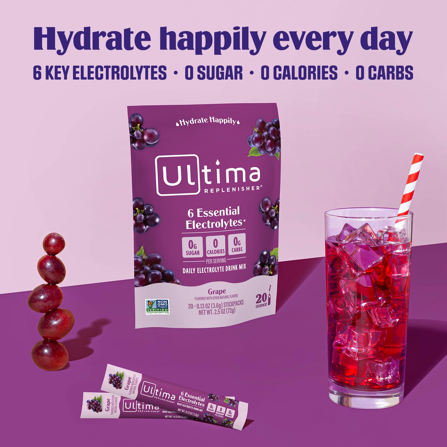 Ultima Replenisher Grape Electrolyte Powder Drink Mix - 20 Stickpacks - Hydration with 6 Electrolytes and Trace Minerals - Keto, Vegan, Non-GMO, Sugar-Free