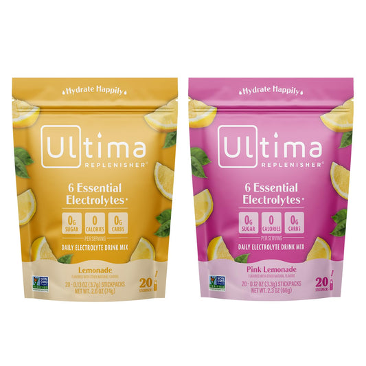 Ultima Replenisher Lemonade and Pink Lemonade Electrolyte Powder Drink Mix Bundle - 20 Stickpacks, 6 Electrolytes and Minerals, Keto Friendly, Vegan, Non-GMO, Sugar-Free