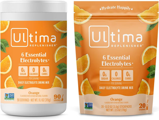 Ultima Replenisher Orange Electrolyte Powder Drink Mix Bundle - 90 Servings Canister + 20 Stickpacks - 6 Electrolytes & Minerals - Keto, Vegan, Non-GMO, Sugar-Free