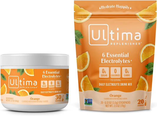 Ultima Replenisher Orange Electrolyte Powder Drink Mix Bundle - 30 Serving Canister + 20 Stickpacks - Keto Friendly, Vegan, Non-GMO, Sugar-Free - 6 Electrolytes & Minerals