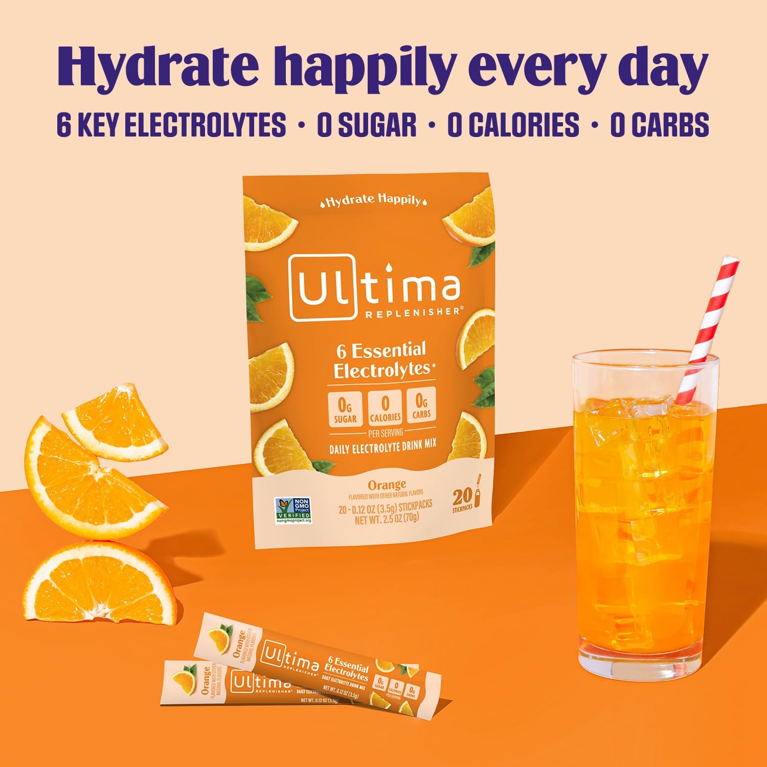 Ultima Replenisher Orange Electrolyte Powder Drink Mix Bundle - 30 Serving Canister + 20 Stickpacks - Keto Friendly, Vegan, Non-GMO, Sugar-Free - 6 Electrolytes & Minerals