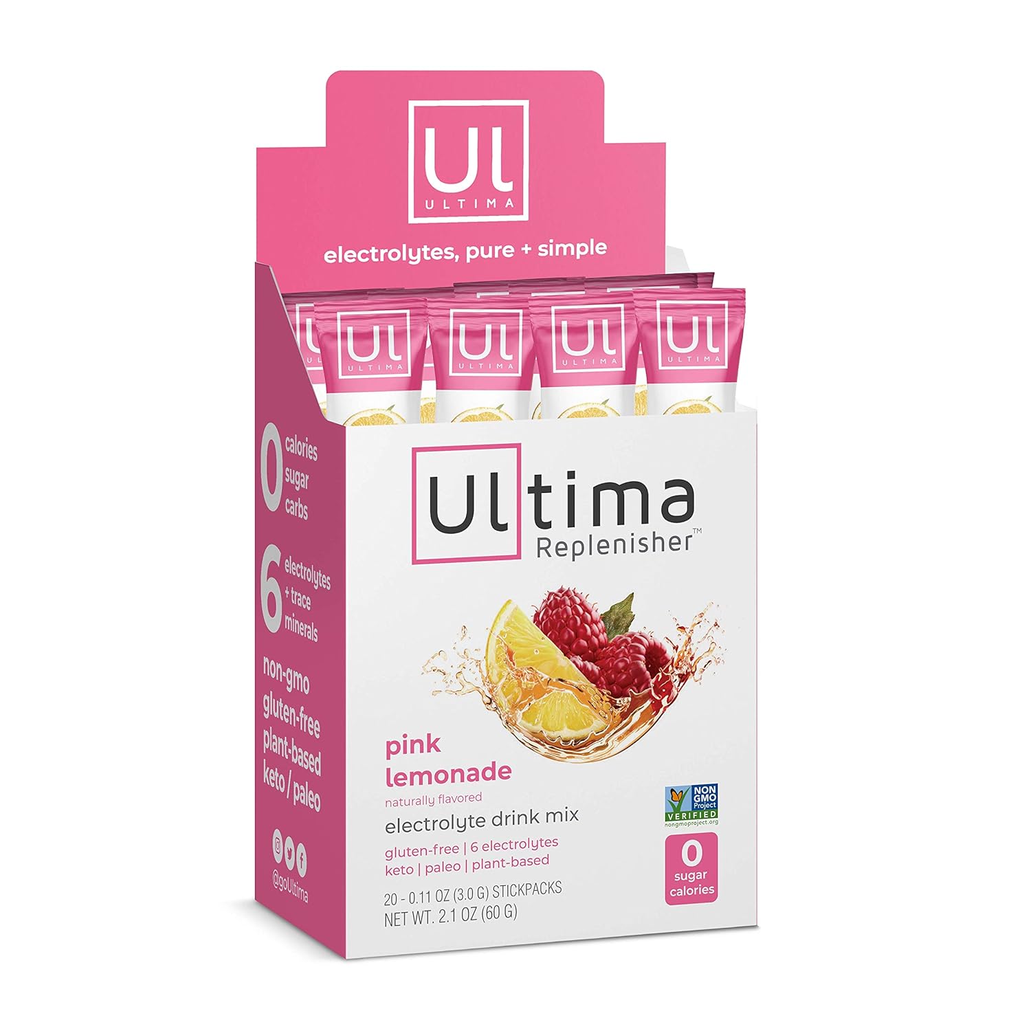 Ultima Replenisher Pink Lemonade Electrolyte Hydration Drink Mix - 20 Serving Stickpack Box, Sugar-Free, 0 Calories, 0 Carbs - Gluten-Free, Keto, Non-GMO, Vegan