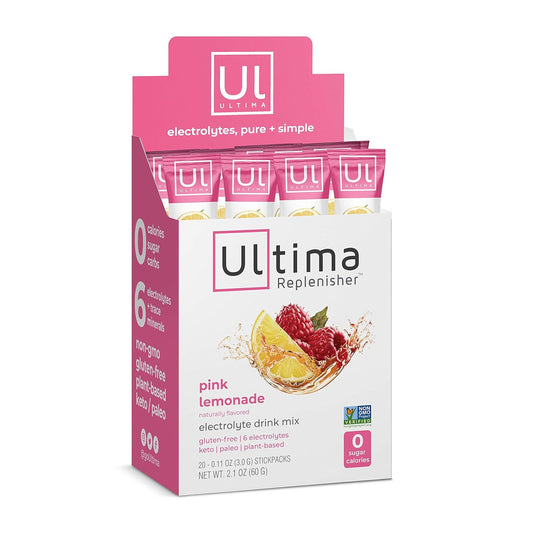 Ultima Replenisher Pink Lemonade Electrolyte Hydration Drink Mix - 20 Serving Stickpack Box, Sugar-Free, 0 Calories, 0 Carbs - Gluten-Free, Keto, Non-GMO, Vegan