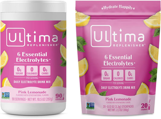 Ultima Replenisher Pink Lemonade Electrolyte Powder Bundle - 90 Servings Canister & 20 Stickpacks - 6 Electrolytes & Minerals - Keto, Vegan, Non-GMO, Sugar-Free