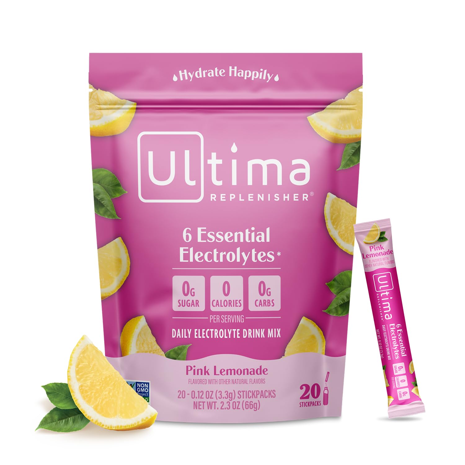 Ultima Replenisher Pink Lemonade Electrolyte Powder Drink Mix - 20 Stickpacks with 6 Electrolytes and Trace Minerals - Keto, Vegan, Non-GMO, Sugar-Free - Hydration Packets for Daily Use