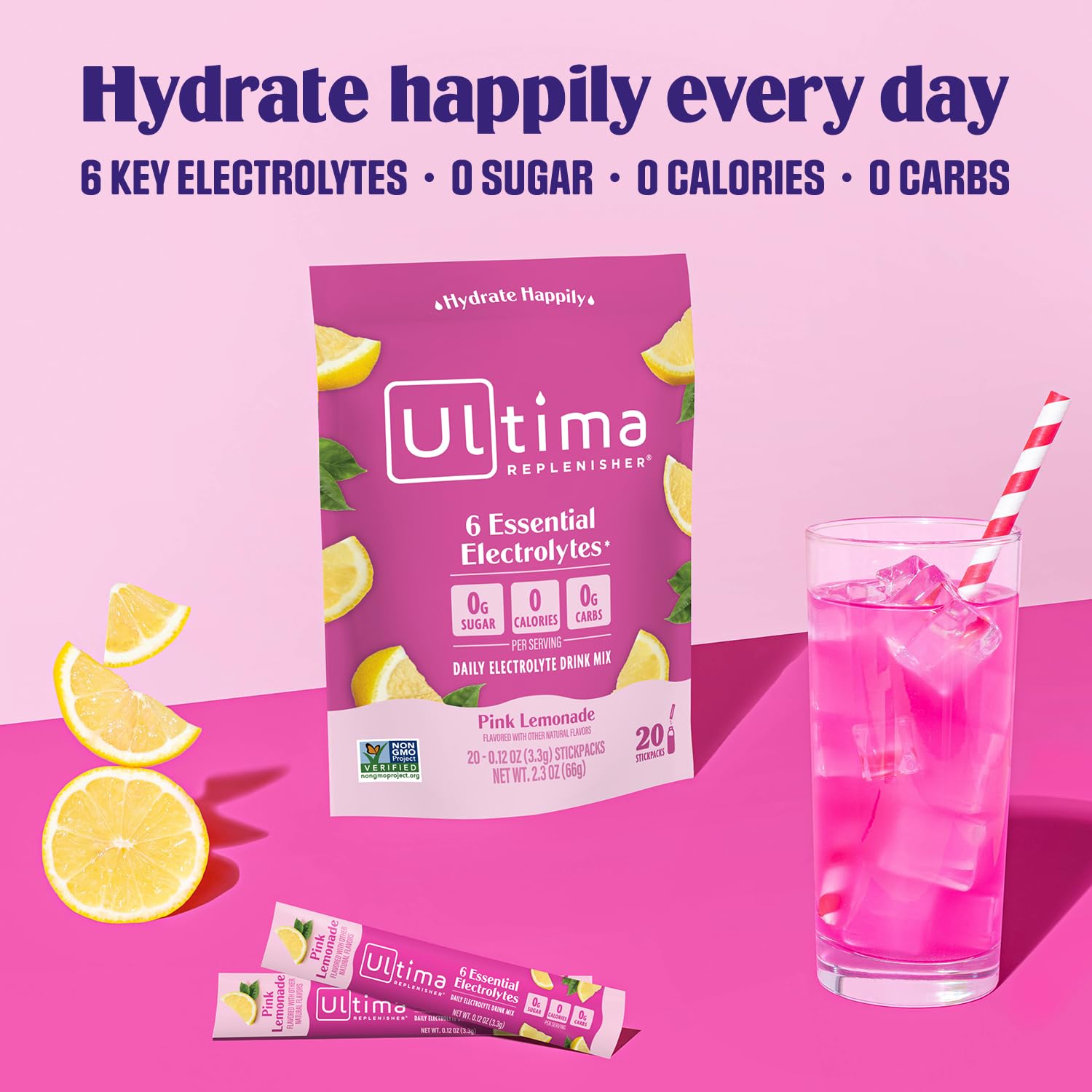 Ultima Replenisher Pink Lemonade Electrolyte Powder Drink Mix - 20 Stickpacks with 6 Electrolytes and Trace Minerals - Keto, Vegan, Non-GMO, Sugar-Free - Hydration Packets for Daily Use