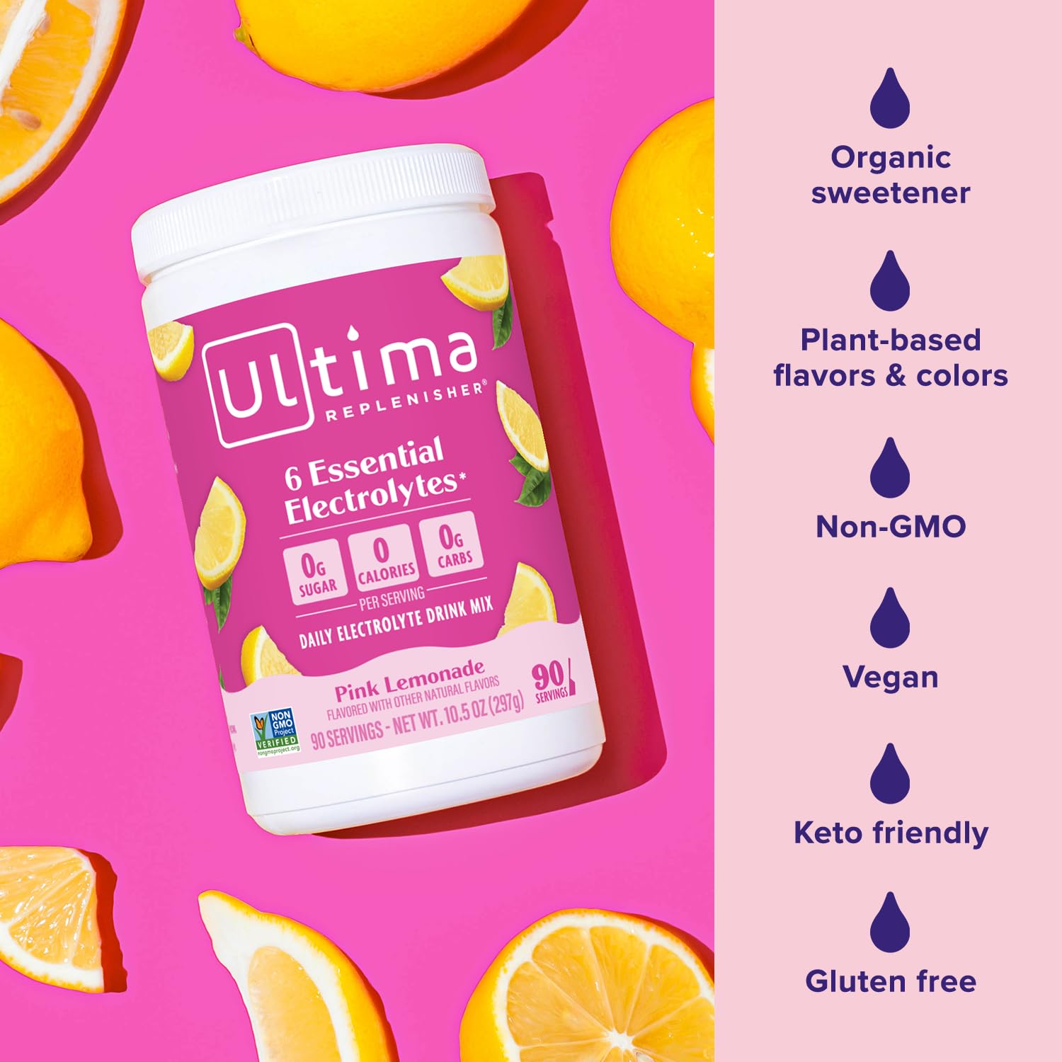 Ultima Replenisher Pink Lemonade Electrolyte Powder Drink Mix - 90 Servings, Hydration Powder with 6 Electrolytes - Keto, Vegan, Non-GMO, Sugar-Free