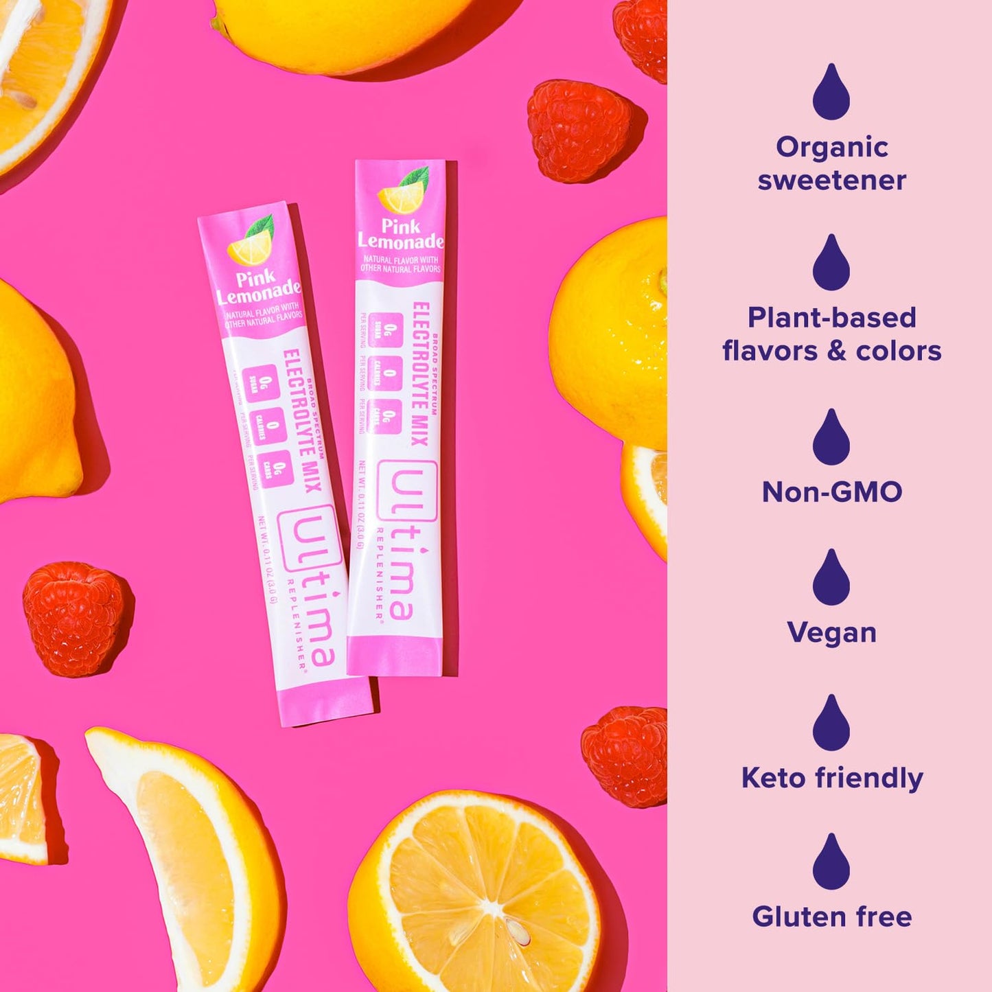 Ultima Replenisher Pink Lemonade Electrolyte Powder Drink Mix - 20 Stickpacks with 6 Electrolytes and Trace Minerals - Keto, Vegan, Non-GMO, Sugar-Free - Hydration Packets for Daily Use