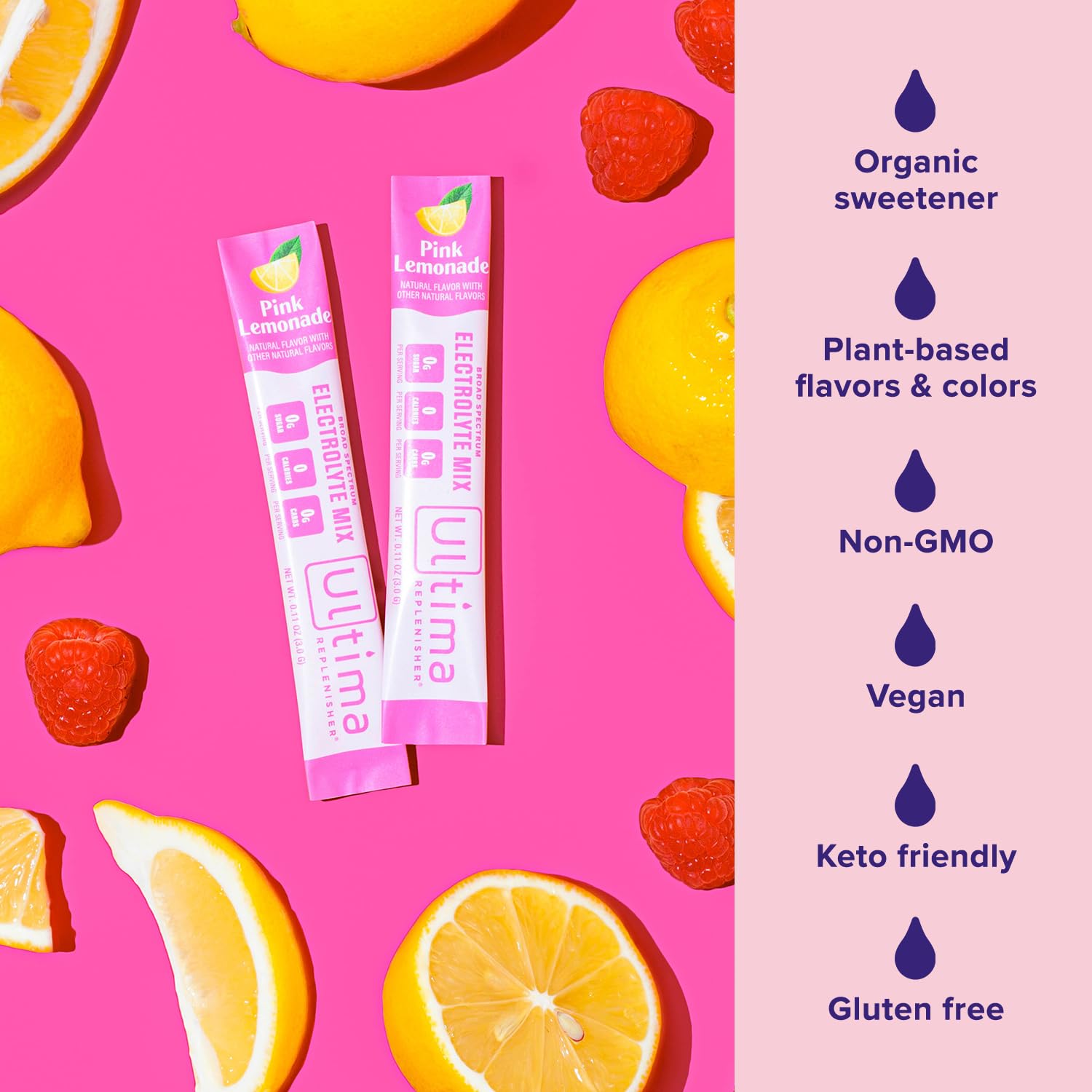 Ultima Replenisher Pink Lemonade Electrolyte Powder Drink Mix - 20 Stickpacks with 6 Electrolytes and Trace Minerals - Keto, Vegan, Non-GMO, Sugar-Free - Hydration Packets for Daily Use