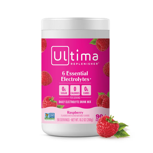 Ultima Replenisher Raspberry Electrolyte Powder Drink Mix - 90 Servings, Hydration with 6 Key Electrolytes - Keto, Vegan, Non-GMO, Sugar-Free