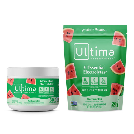 Ultima Replenisher Watermelon Electrolyte Powder Drink Mix Bundle - 30 Servings Canister + 20 Stickpacks - 6 Electrolytes & Minerals - Keto, Vegan, Non-GMO, Sugar-Free