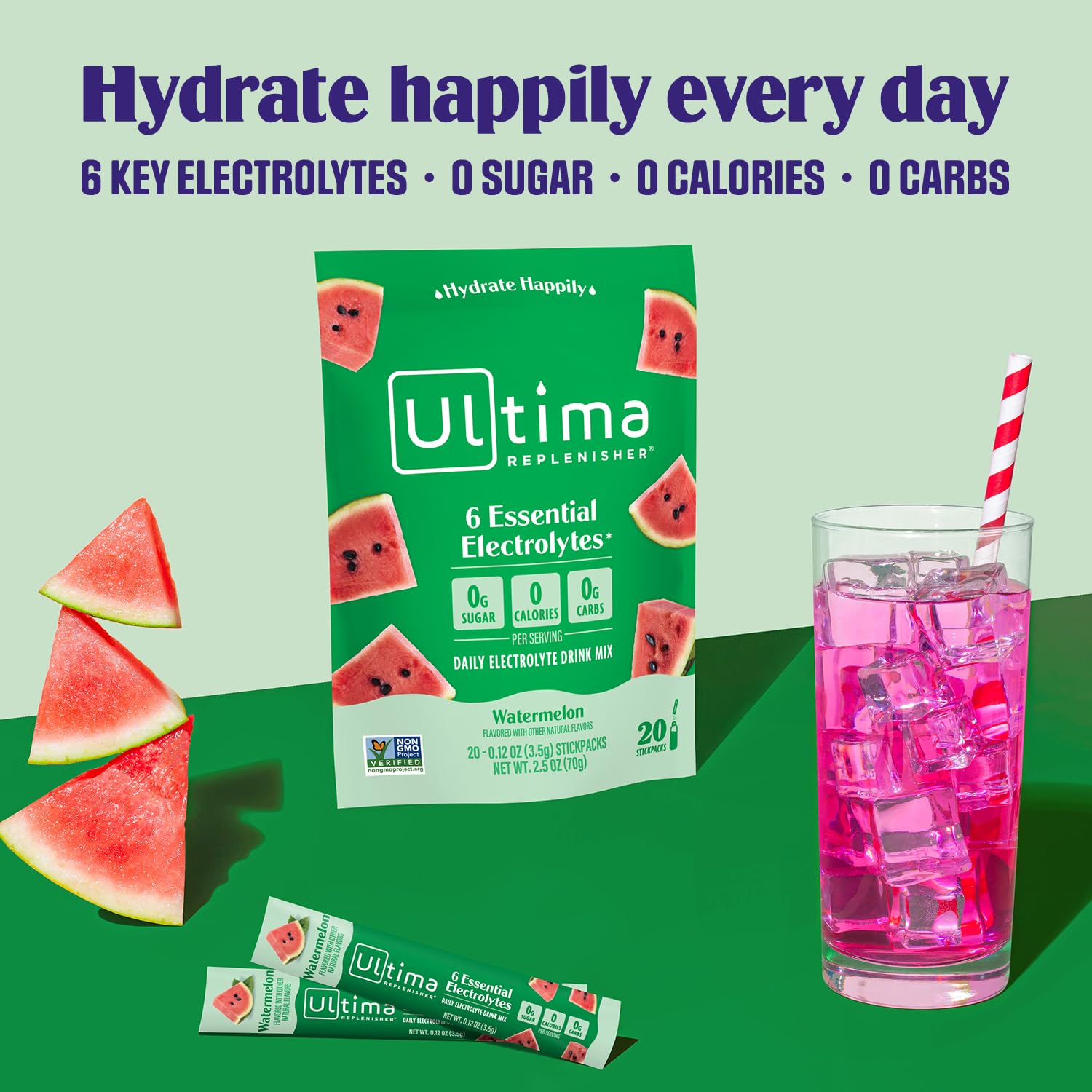 Ultima Replenisher Watermelon Electrolyte Powder Drink Mix - 20 Stickpacks - Hydration Packets with 6 Electrolytes and Minerals - Keto, Vegan, Non-GMO, Sugar-Free