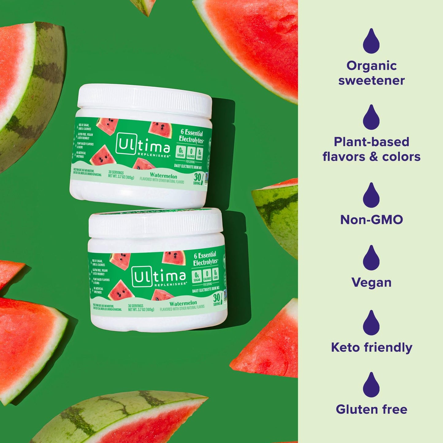 Ultima Replenisher Watermelon Electrolyte Powder Drink Mix - 30 Servings, Hydration Powder with 6 Key Electrolytes and Trace Minerals - Keto, Vegan, Non-GMO, Sugar-Free