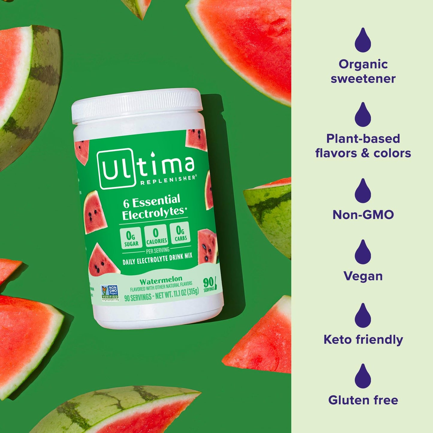 Ultima Replenisher Watermelon Electrolyte Powder Drink Mix - 90 Servings, Hydration with 6 Electrolytes - Keto, Vegan, Non-GMO, Sugar-Free