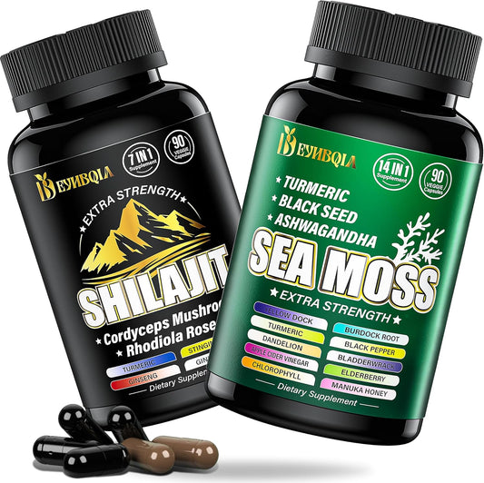 Ultimate 21-in-1 Sea Moss & Shilajit Supplement Bundle - 90 Capsules - Black Seed Oil, Ashwagandha, Turmeric, Rhodiola Rosea, Burdock, Bladderwrack - 2 Pack