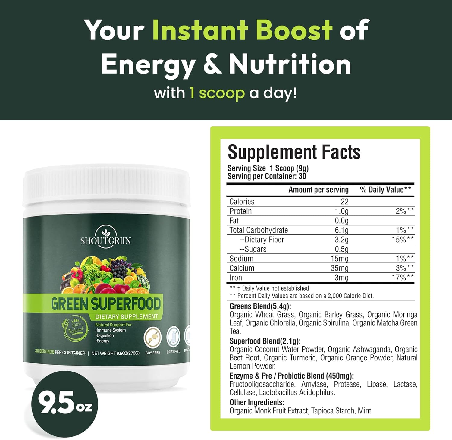 Ultimate Athletic Performance Superfood Powder: SHOUTGRIIN Primal Greens - Vegetable Blend for Optimal Health & Beyond Ordinary Greens