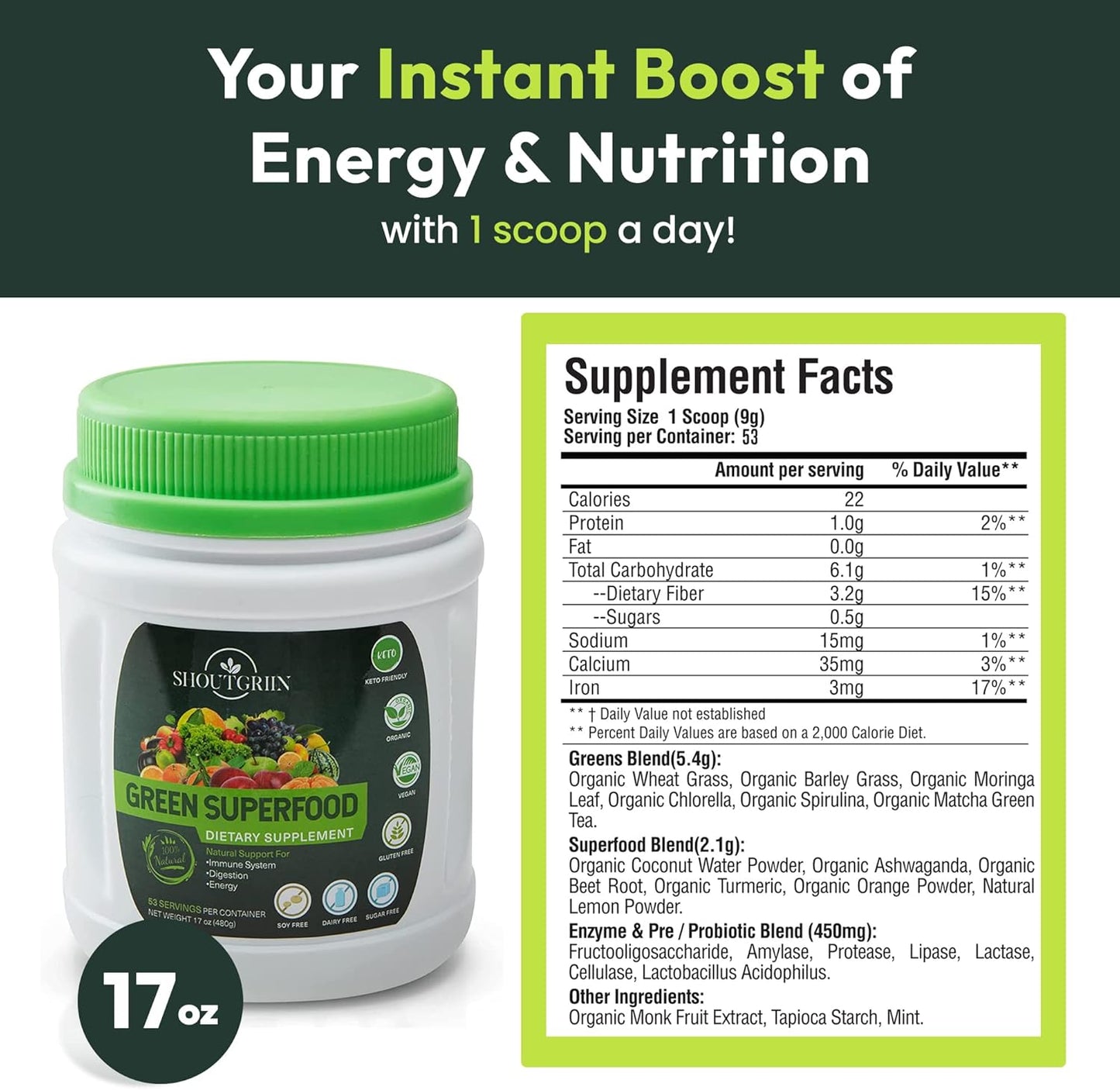 Ultimate Athletic Performance Superfood Powder: SHOUTGRIIN Primal Greens - Beyond Ordinary Greens, Vegetable Blend for Optimal Health.