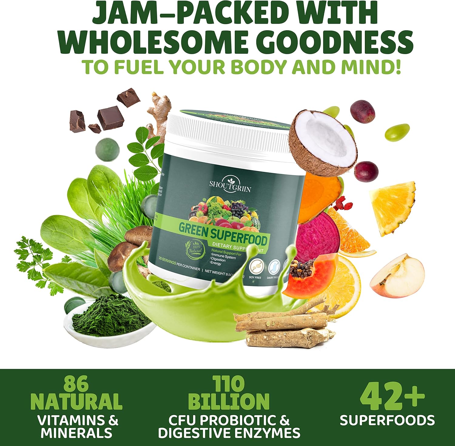 Ultimate Athletic Performance Superfood Powder: SHOUTGRIIN Primal Greens - Vegetable Blend for Optimal Health & Beyond Ordinary Greens