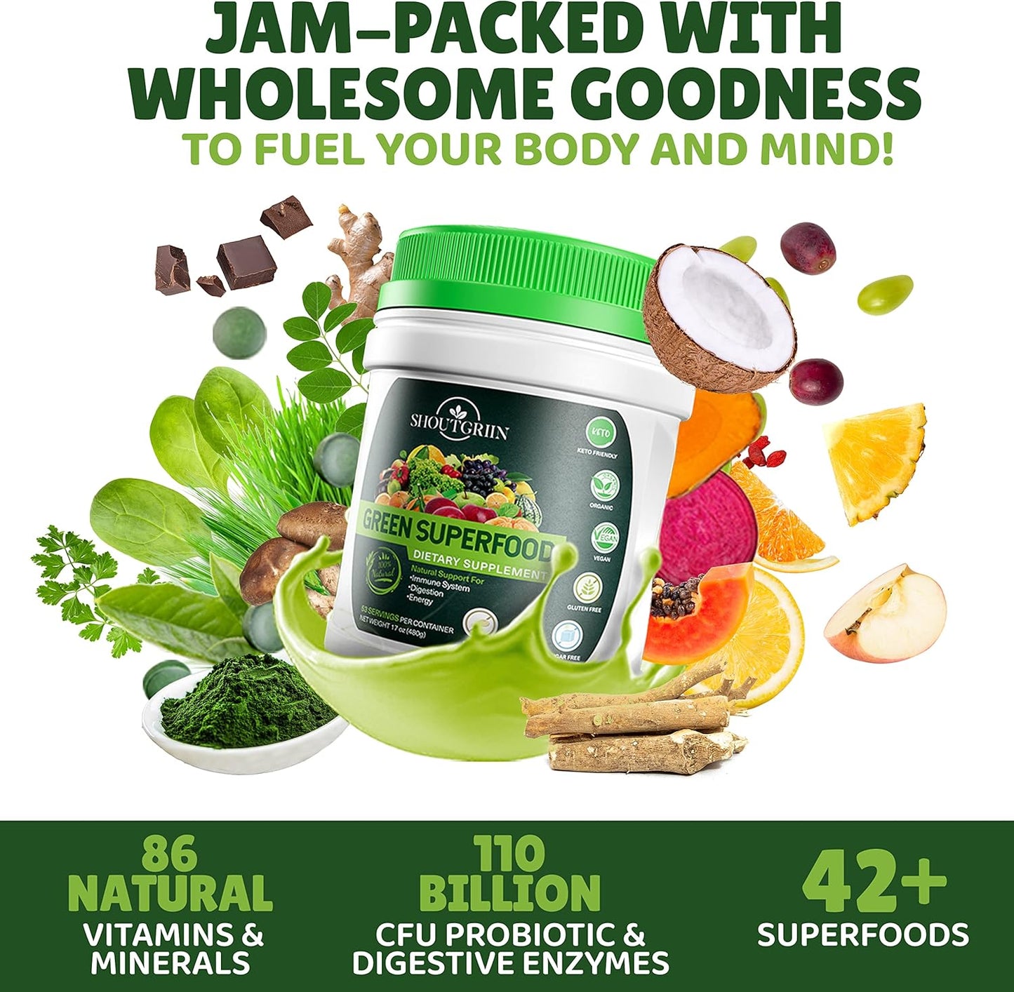 Ultimate Athletic Performance Superfood Powder: SHOUTGRIIN Primal Greens - Beyond Ordinary Greens, Vegetable Blend for Optimal Health.