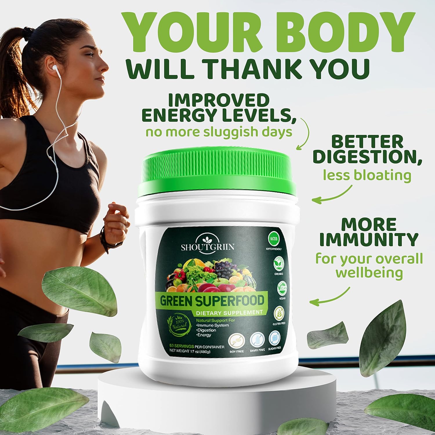 Ultimate Athletic Performance Superfood Powder: SHOUTGRIIN Primal Greens - Beyond Ordinary Greens, Vegetable Blend for Optimal Health.