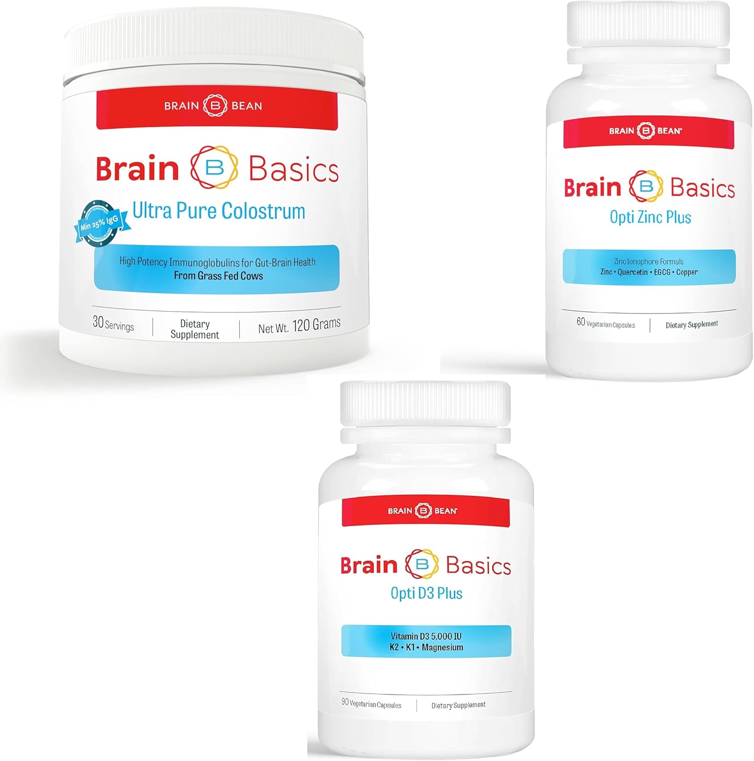 Ultimate Brain Basics, Immune System & Gut Health Bundle: Pure Colostrum, Opti Zinc Plus, & Opti D3 Plus Supplements for Total Immunity & Nutrition
