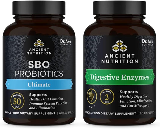Ultimate Digestive Support Bundle: Ancient Nutrition SBO Probiotics and Digestive Enzymes Capsules, 60 + 90 Count