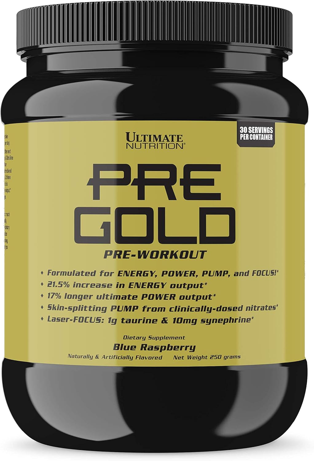 Ultimate Nutrition PRE Gold Preworkout Powder - Energy Drink Supplement with Beta Alanine, Taurine, Citrulline, Vitamin C, Vitamin B6 - Blue Raspberry, 30 Servings