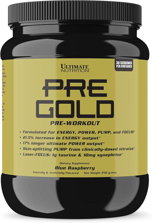 Ultimate Nutrition PRE Gold Preworkout Powder - Energy Drink Supplement with Beta Alanine, Taurine, Citrulline, Vitamin C, Vitamin B6 - Blue Raspberry, 30 Servings
