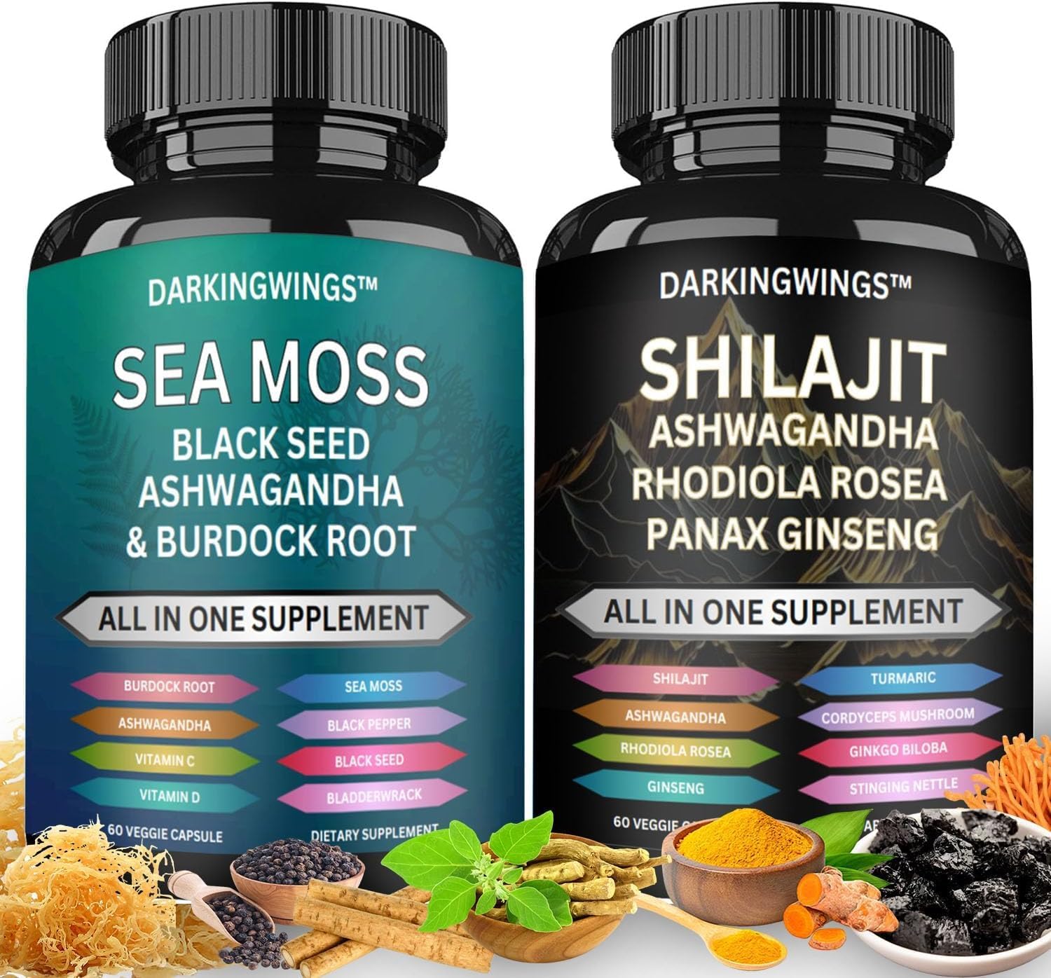 Ultimate Sea Moss and Shilajit Supplement Bundle with Black Seed Oil, Ashwagandha, Rhodiola Rosea, Panax Ginseng - 9000mg Shilajit, 3000mg Sea Moss