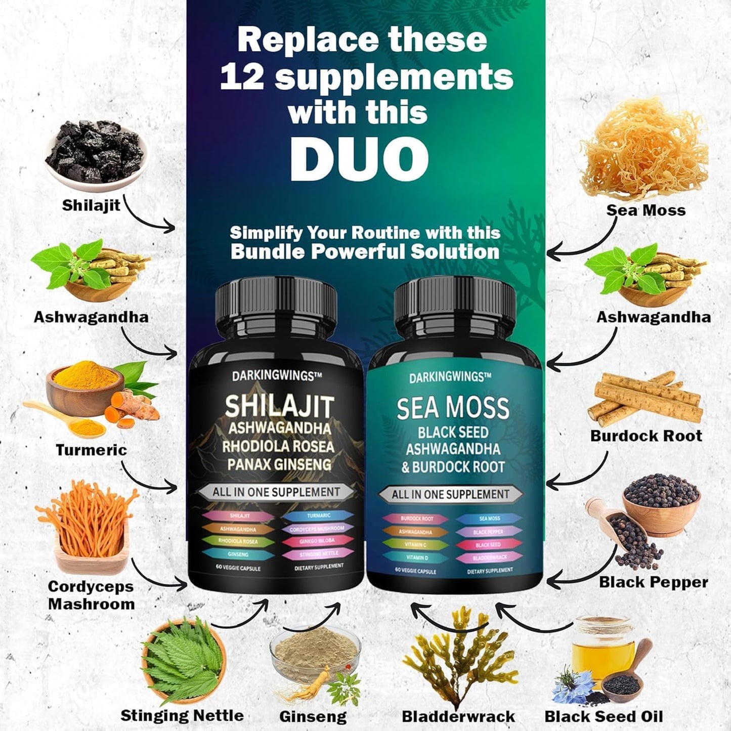 Ultimate Sea Moss and Shilajit Supplement Bundle with Black Seed Oil, Ashwagandha, Rhodiola Rosea, Panax Ginseng - 9000mg Shilajit, 3000mg Sea Moss