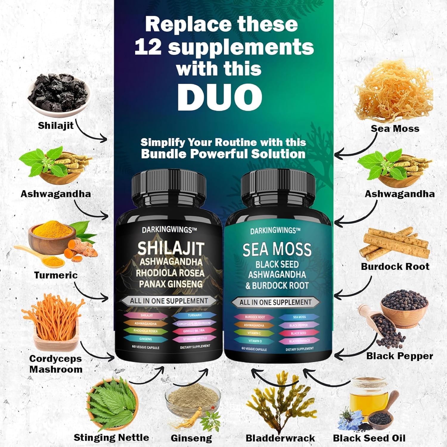 Ultimate Sea Moss and Shilajit Supplement Bundle with Black Seed Oil, Ashwagandha, Rhodiola Rosea, Panax Ginseng - 9000mg Shilajit, 3000mg Sea Moss