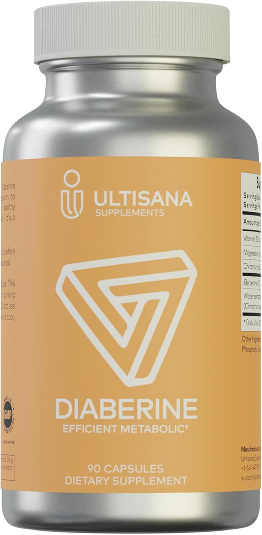 Ultisana DIABERINE Supplement with Berberine HCI, Vitamin B12, Chromium, Magnesium Citrate & Cinnamon Bark - 90 Capsules