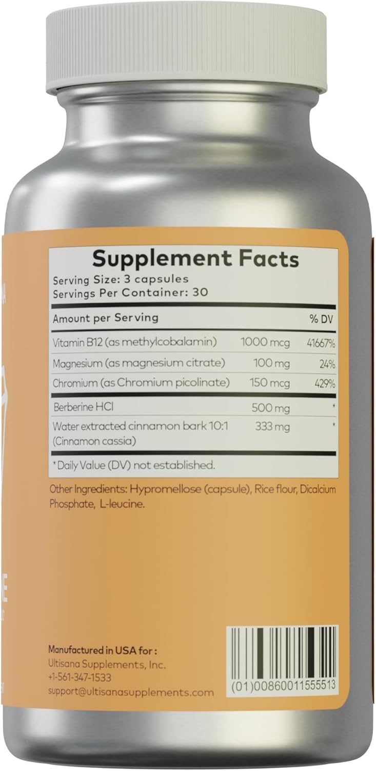Ultisana DIABERINE Supplement with Berberine HCI, Vitamin B12, Chromium, Magnesium Citrate & Cinnamon Bark - 90 Capsules