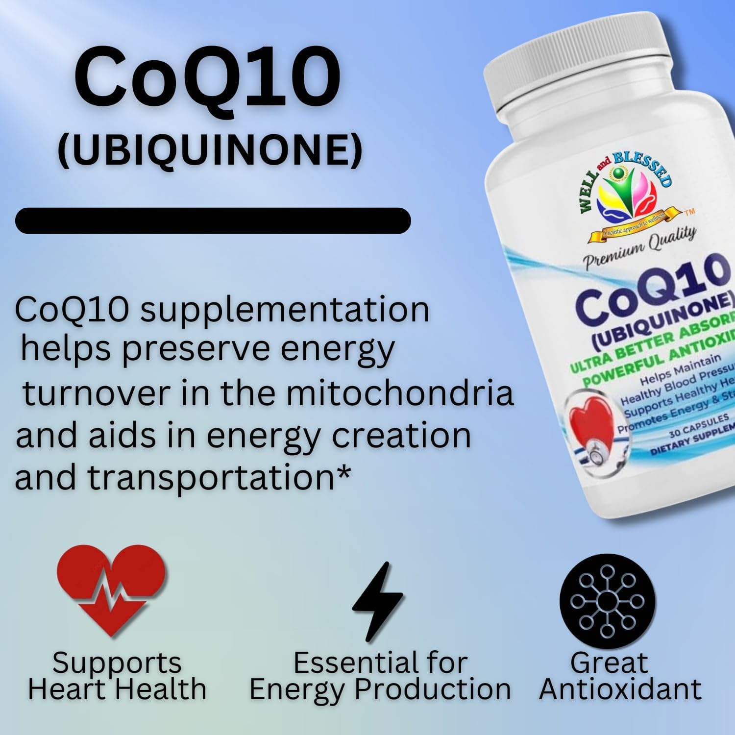 Ultra Absorption CoQ10 Supplement - 30 Capsules for Energy and Stamina - Vegan Formula - No Artificial Additives
