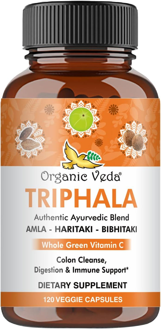 Ultra Concentrated Organic Veda Triphala Capsules with Natural Vitamin C - 120 Vegan Pills for Colon Cleanse, Skin Radiance, Immunity, and Digestion