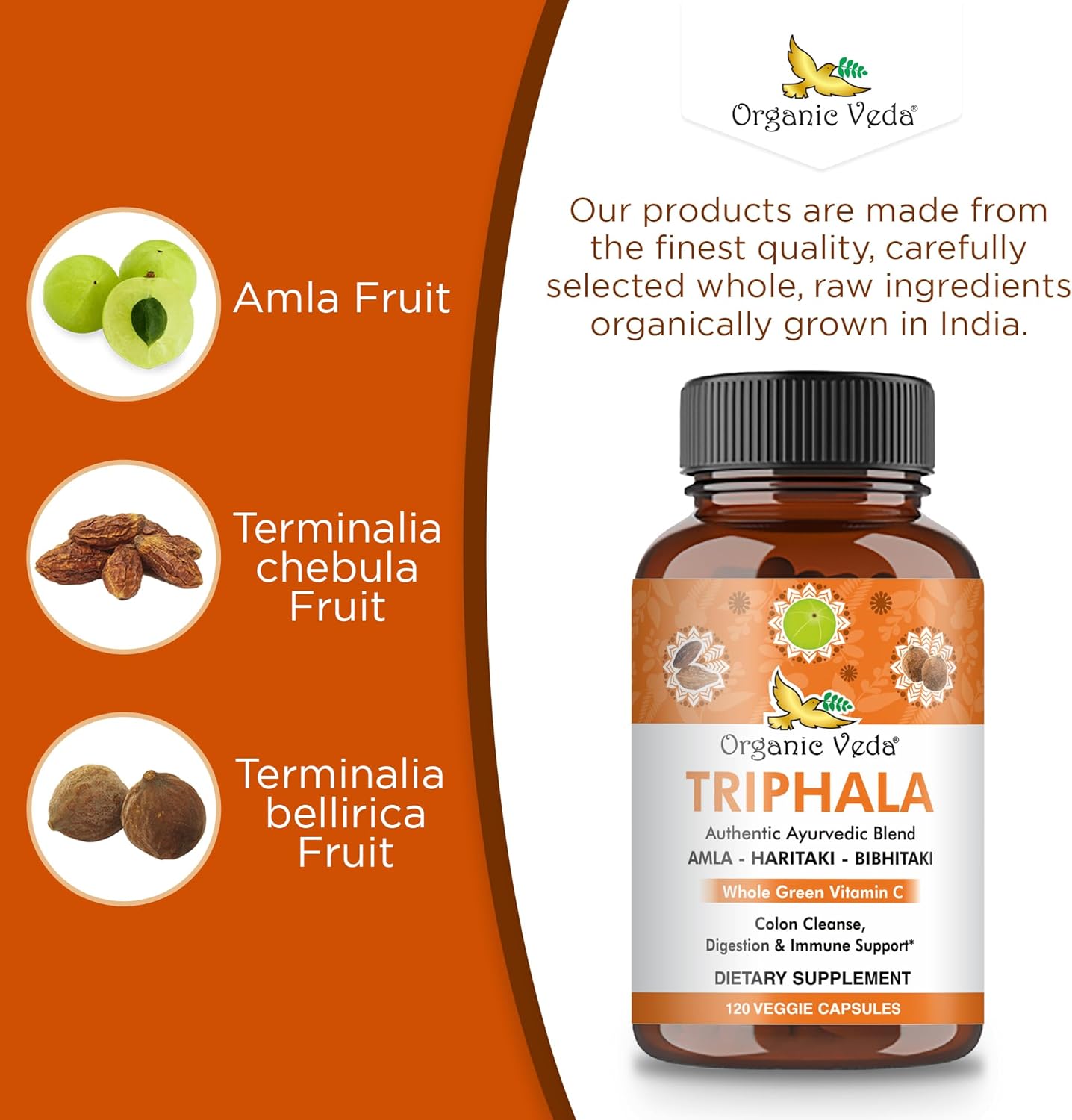 Ultra Concentrated Organic Veda Triphala Capsules with Natural Vitamin C - 120 Vegan Pills for Colon Cleanse, Skin Radiance, Immunity, and Digestion