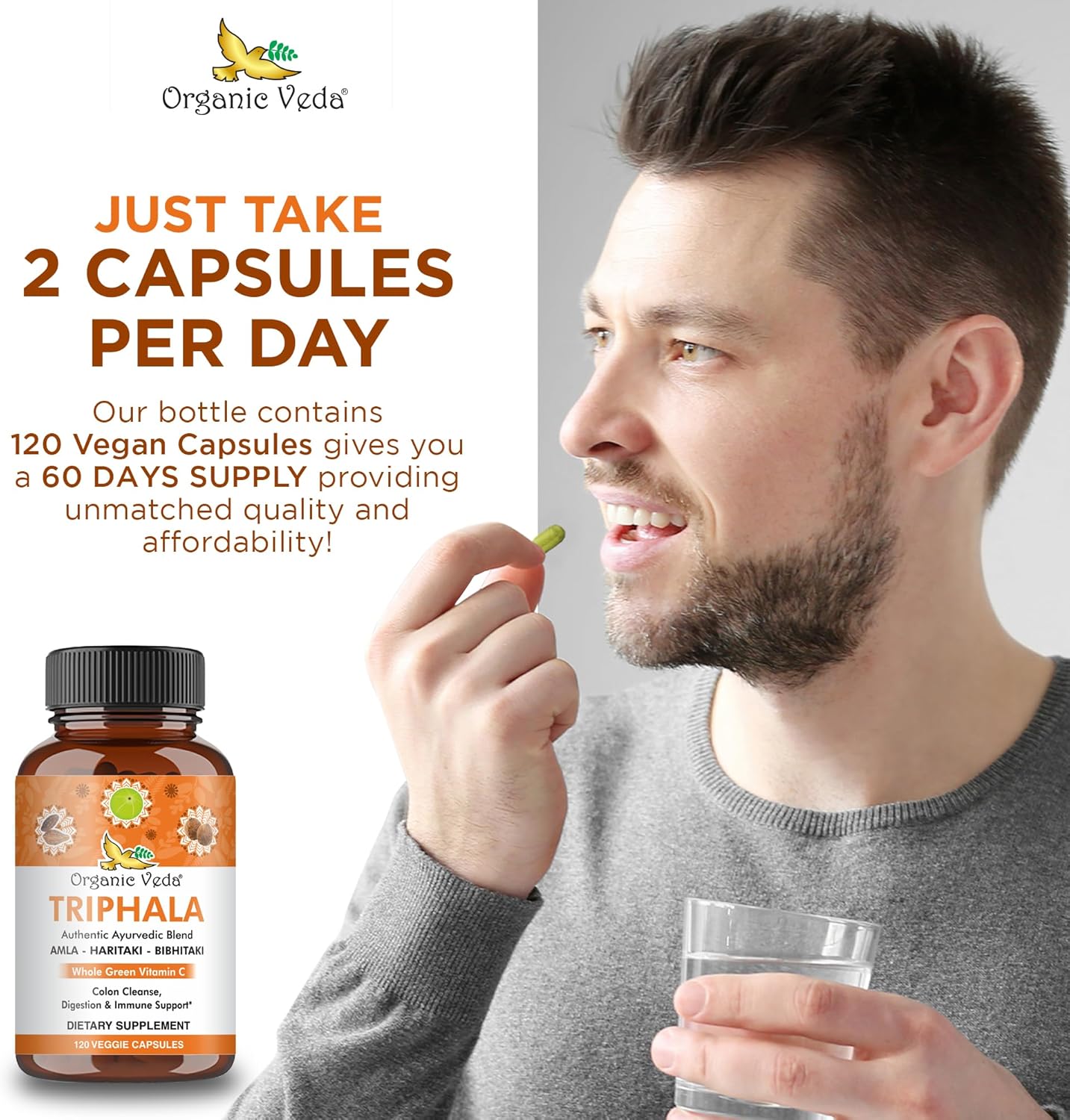 Ultra Concentrated Organic Veda Triphala Capsules with Natural Vitamin C - 120 Vegan Pills for Colon Cleanse, Skin Radiance, Immunity, and Digestion